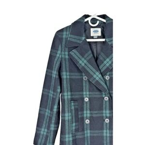 Retro Y2K Women Medium Pea Coat Green Black Watch Tartan Plaid Wool Classic